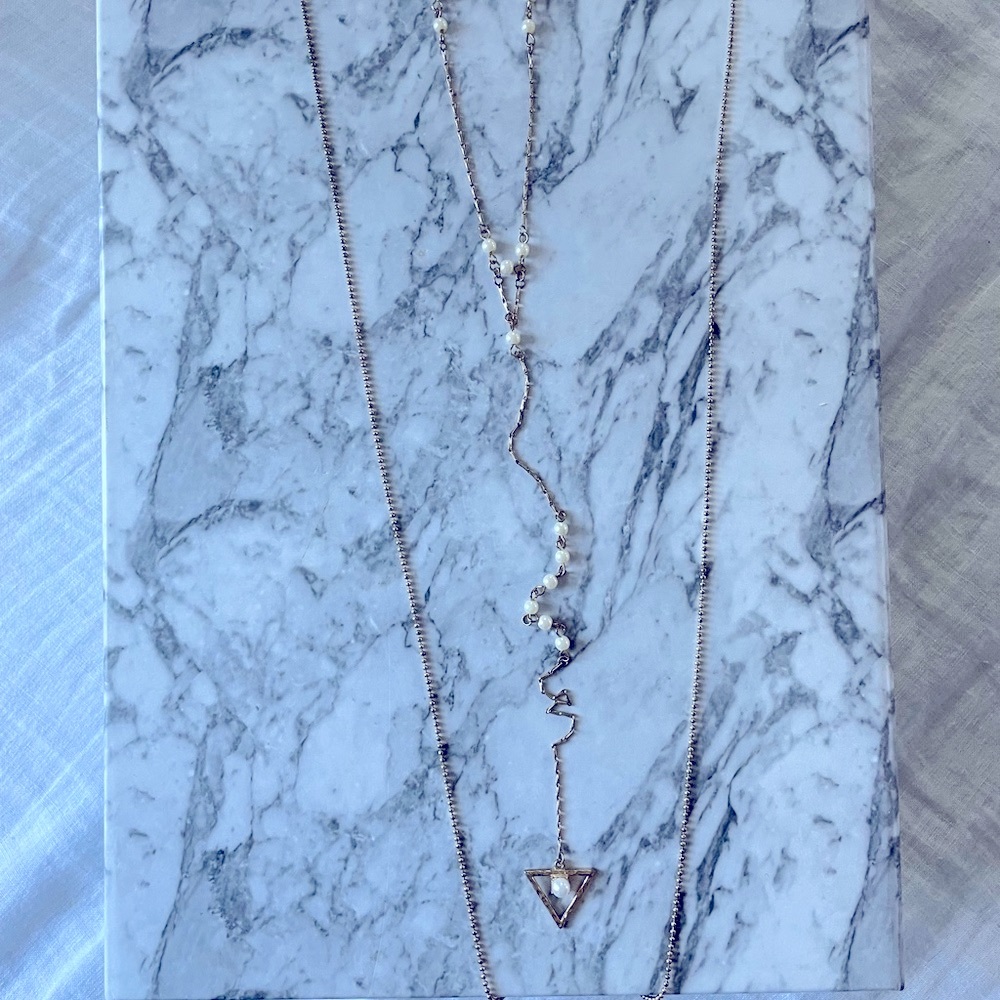 Art Deco inspired long layered gold and pearl necklace